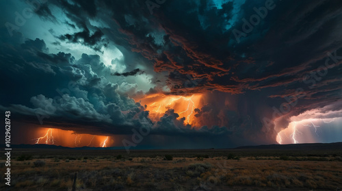 a landscape photograph capturing a turbulent sky filled with swirling storm clouds