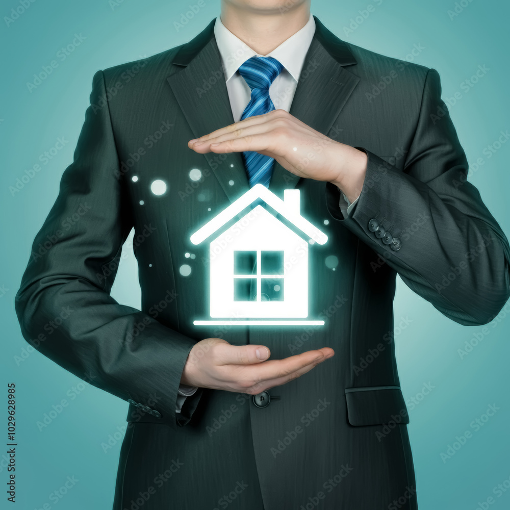 Businessman protecting house icon between hands, safety in real estate investment, property insurance concept Businessman protecting house icon between hands, safety in real estate investment, property insurance concept