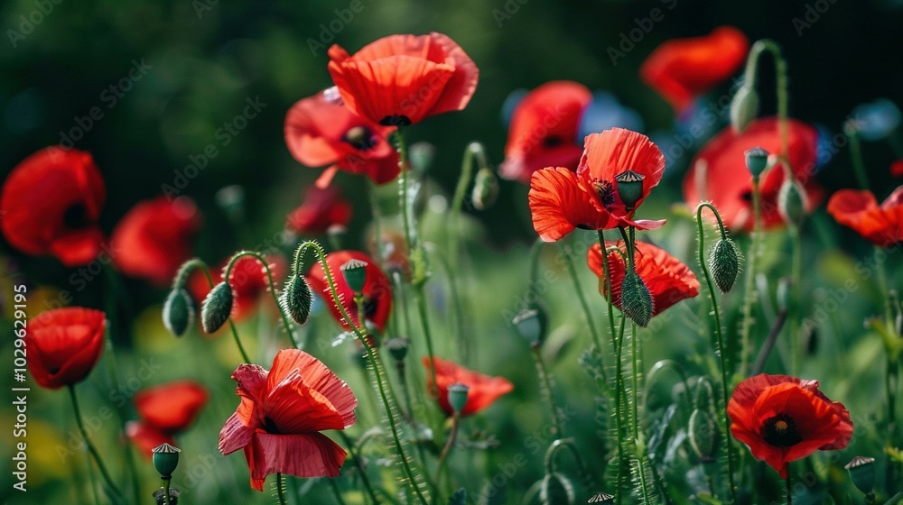 Obraz premium Vibrant Red Poppies in a Lush Green Field