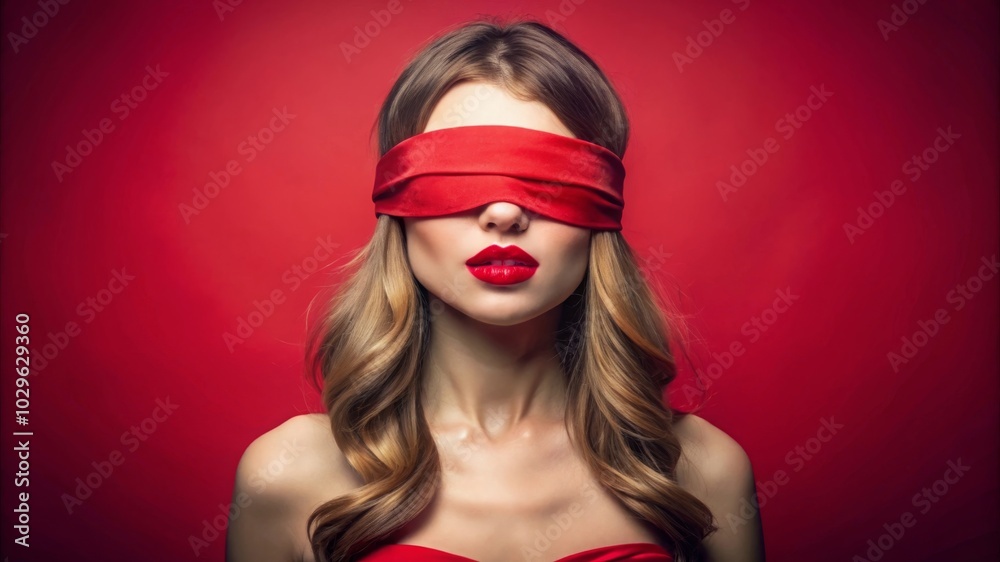 Fototapeta premium A young woman with long blonde hair and red lips is blindfolded with a red ribbon. The red background adds to the dramatic feel.