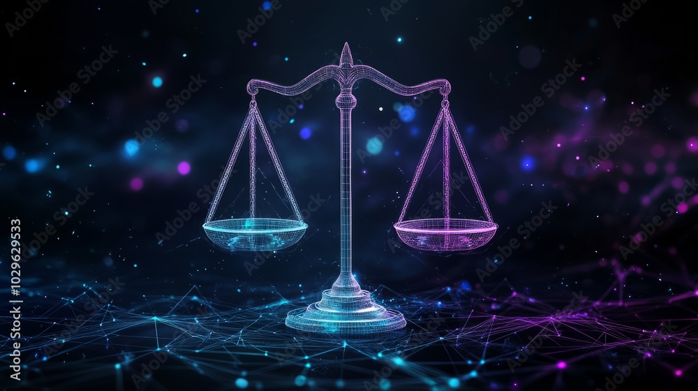 A digital representation of balanced scales symbolizing justice, set against a cosmic backdrop of vibrant colors and light particles. A digital representation of balanced scales symbolizing justice, set against a cosmic backdrop of vibrant colors and light particles.