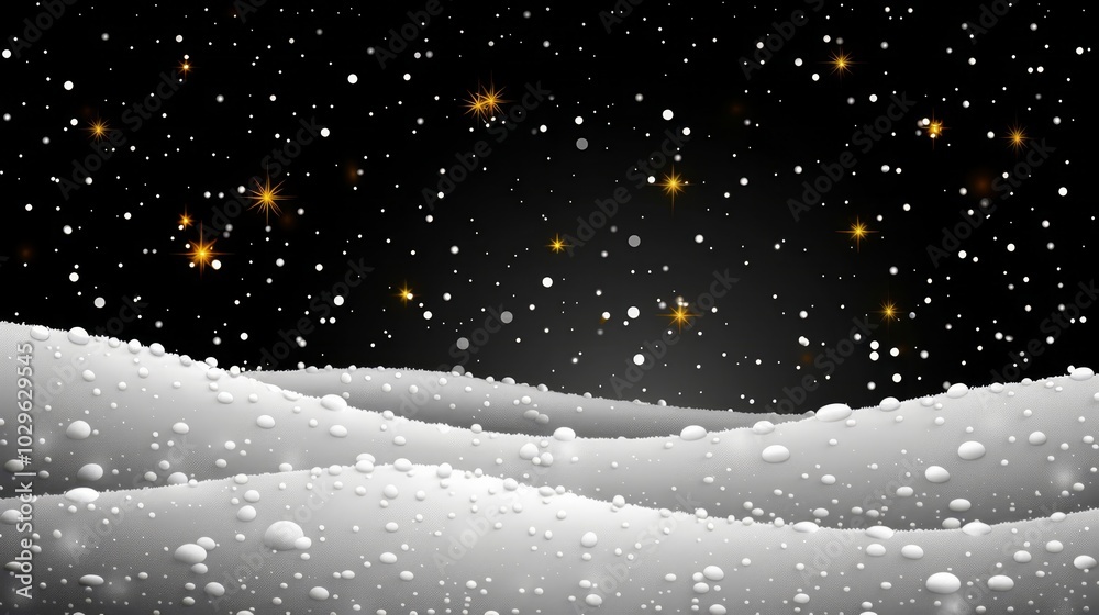 Obraz premium A tranquil night scene features gentle snow-covered hills illuminated by the glow of twinkling stars. Snowflakes gracefully descend, adding to the serene winter atmosphere.
