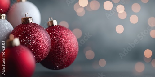 Closeup view of Christmas baubles against a bokeh background 
