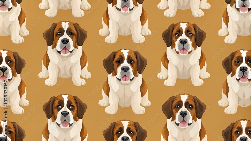 Adorable Saint Bernard seamless pattern featuring cute, fluffy cartoon dogs on a rich brown background, perfect for dog lovers and playful designs alike.