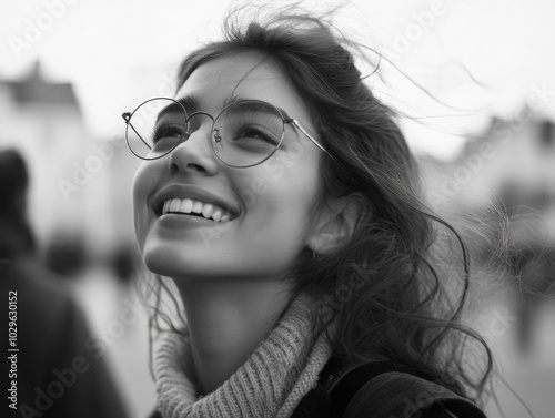 Elegant Young Woman Smiling with Blonde Hair and Round Glasses