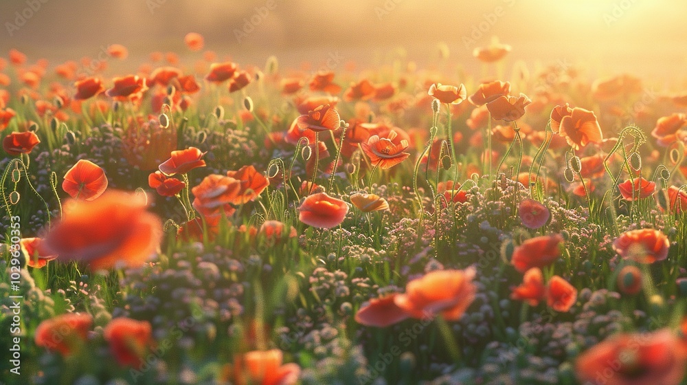 Obraz premium A Field of Poppies Bathed in Warm Sunset Light