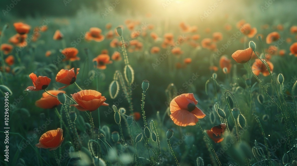 Obraz premium A Field of Red Poppies Bathed in Warm Sunlight