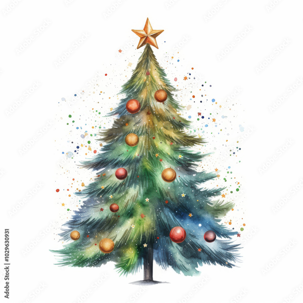 Festive Watercolor Christmas Tree Illustration with Golden Star and Colorful Ornaments Festive Watercolor Christmas Tree Illustration with Golden Star and Colorful Ornaments