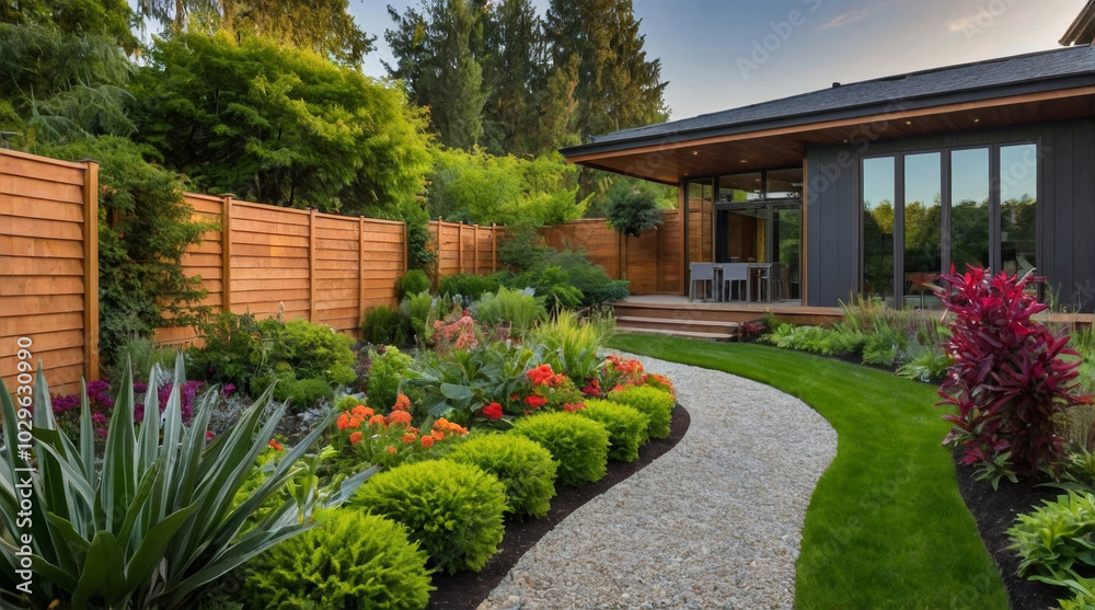 a lush, well-maintained backyard garden with a vibrant green lawn as the central focus a lush, well-maintained backyard garden with a vibrant green lawn as the central focus