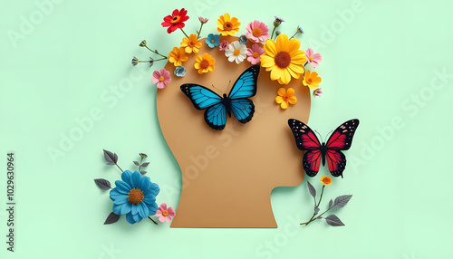 Wallpaper Mural Cardboard silhouette of human head decorated with flowers and butterfly on mint background. World mental health day concept. Vertical banner. Copy space isolated with white highlights, png Torontodigital.ca