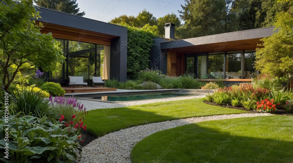 Naklejka premium a lush, well-maintained backyard garden with a vibrant green lawn as the central focus