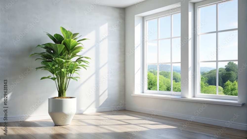 A luminous space featuring crisp white walls and a vibrant potted plant, perfect for sparking ideas and inspiration in interior design. Bright and inviting atmosphere. A luminous space featuring crisp white walls and a vibrant potted plant, perfect for sparking ideas and inspiration in interior design. Bright and inviting atmosphere.