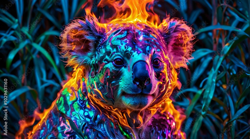 a male koala’s face made of fire, facing and looking forwards, symmetrical. lion’s wispy mane is made of fire flames. flames are multi-colour of orange, purple, blue and green. a male koala’s face made of fire, facing and looking forwards, symmetrical. lion’s wispy mane is made of fire flames. flames are multi-colour of orange, purple, blue and green.