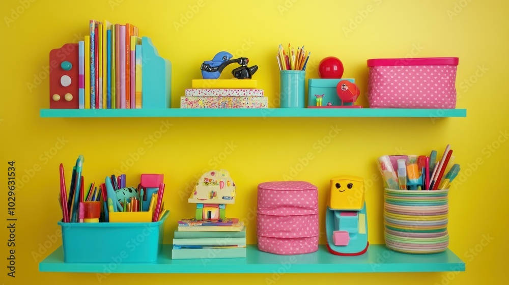 Two Brightly Colored Shelves with Books, Pens, and Toys Two Brightly Colored Shelves with Books, Pens, and Toys
