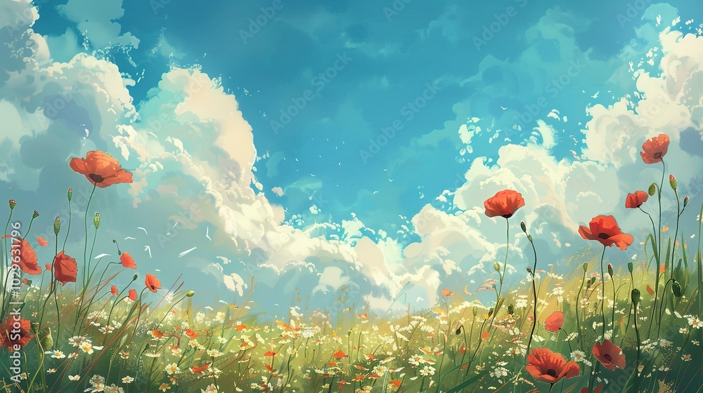 Fototapeta premium Red Poppies and White Flowers in a Field Under a Blue Sky