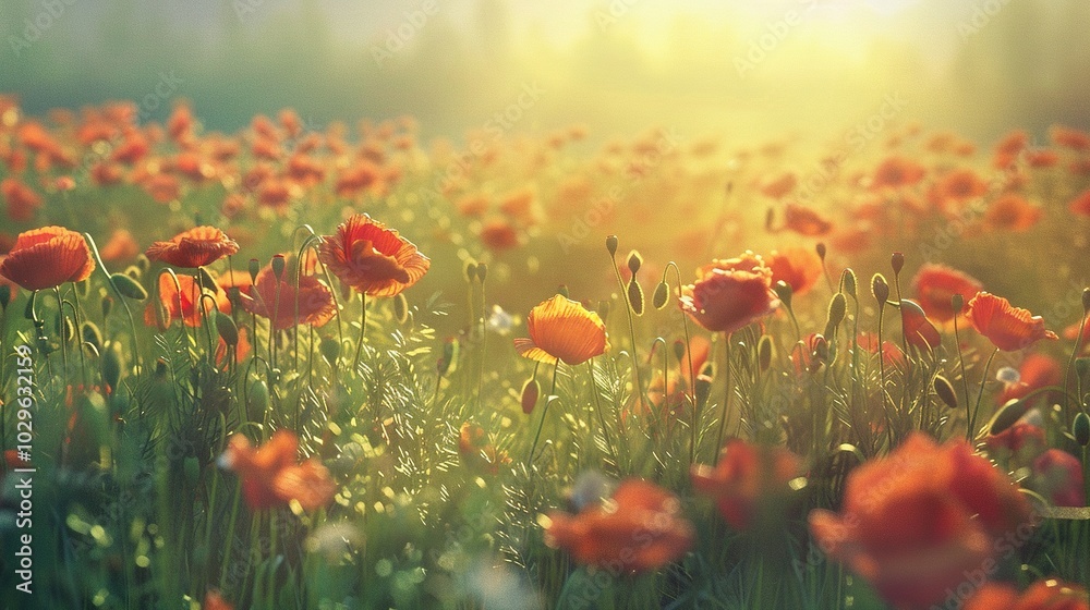 Obraz premium A Field of Poppies Bathed in Golden Sunlight