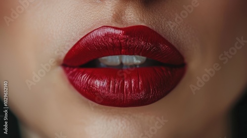 Close-up of lips adorned with bold red lipstick, emphasizing beauty and makeup artistry.