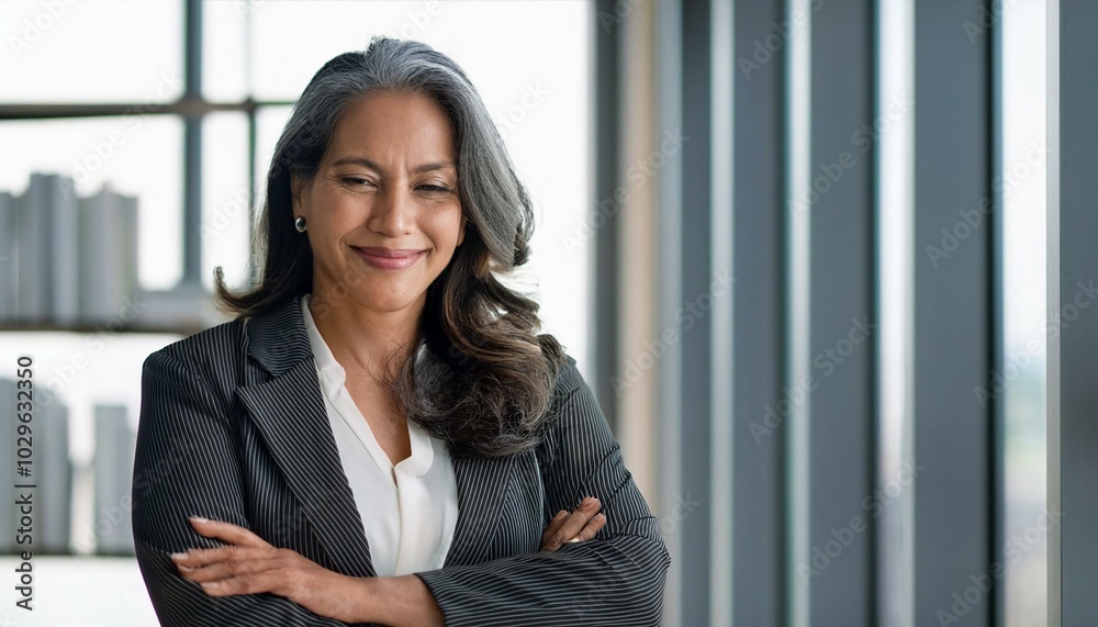 Happy cheerful 45 year old Latin professional mid aged business woman corporate leader, smiling positive mature female executive manager standing in office arms crossed looking at camera, portrait. Happy cheerful 45 year old Latin professional mid aged business woman corporate leader, smiling positive mature female executive manager standing in office arms crossed looking at camera, portrait.