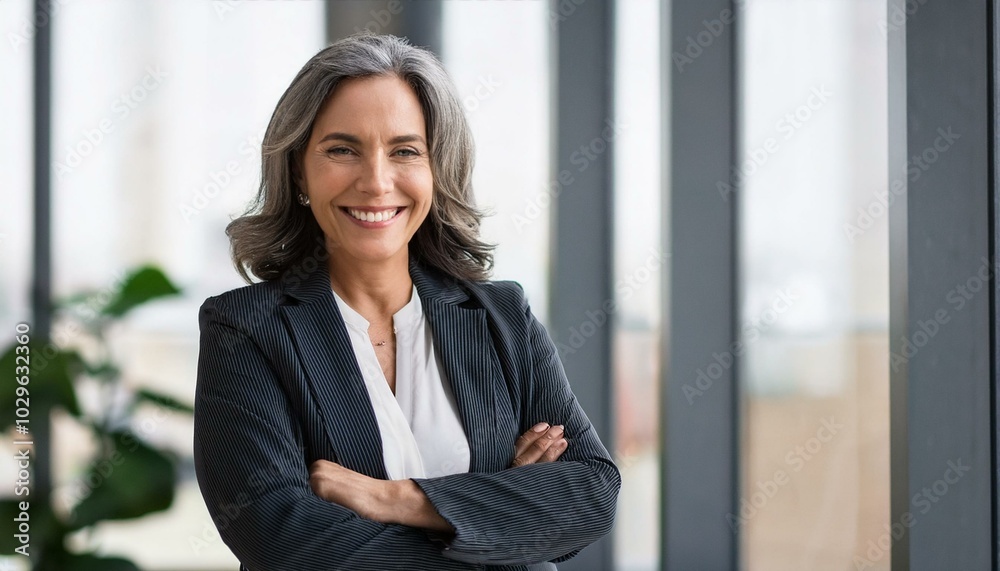 Happy cheerful 45 year old Latin professional mid aged business woman corporate leader, smiling positive mature female executive manager standing in office arms crossed looking at camera, portrait. Happy cheerful 45 year old Latin professional mid aged business woman corporate leader, smiling positive mature female executive manager standing in office arms crossed looking at camera, portrait.