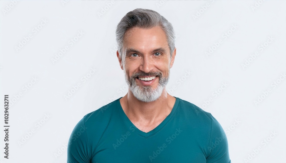Smiling mature man wearing t-shirt isolated on white background. Portrait. Happy middle aged older guy, confident mid adult handsome bearded gray-haired male model in his 40s looking at camera
