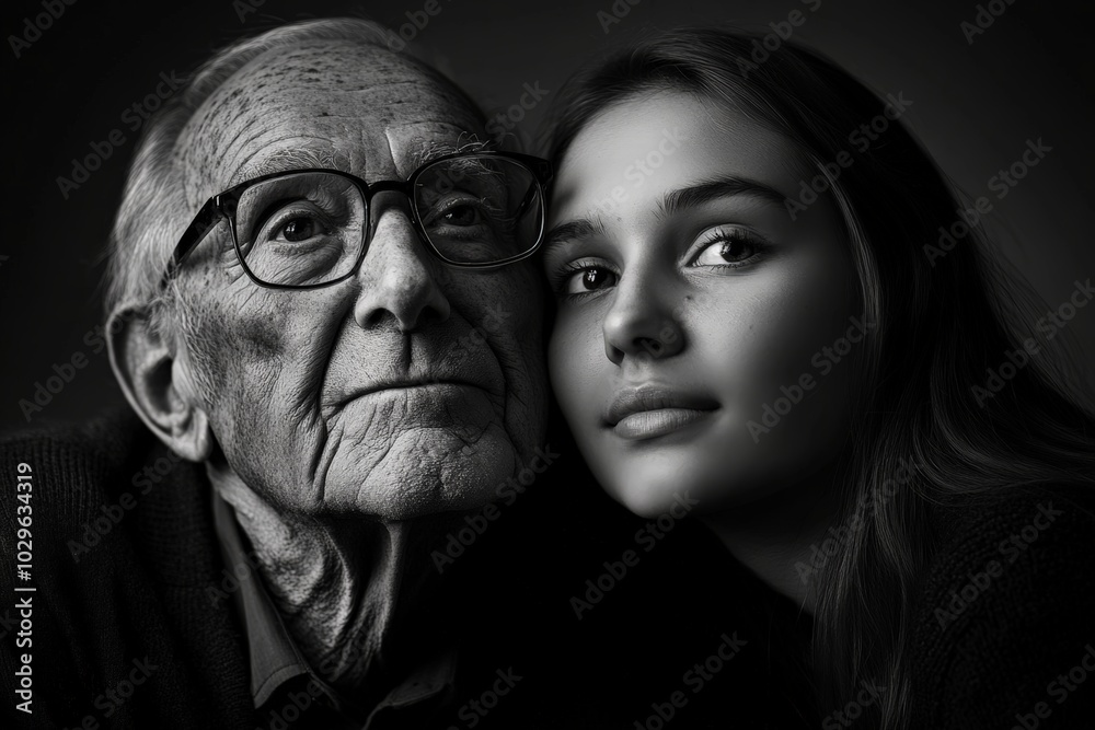Black and white portrait of an elderly man with glasses and a young woman looking at the camera
Black and white portrait of an elderly man with glasses and a young woman looking at the camera