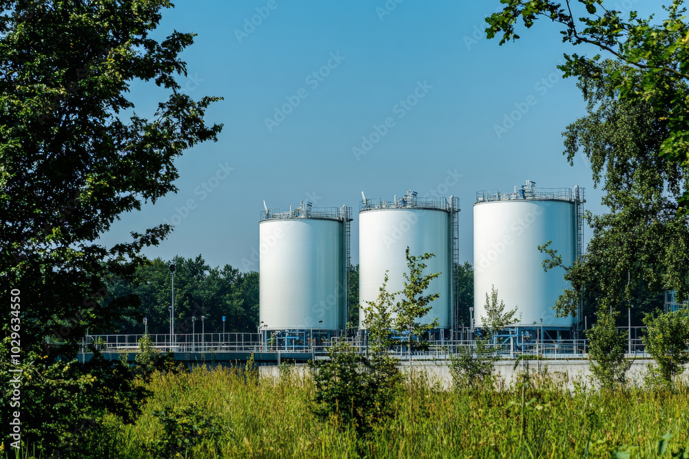 Oil and gas storage tanks near green trees and blue sky
Oil and gas storage tanks near green trees and blue sky