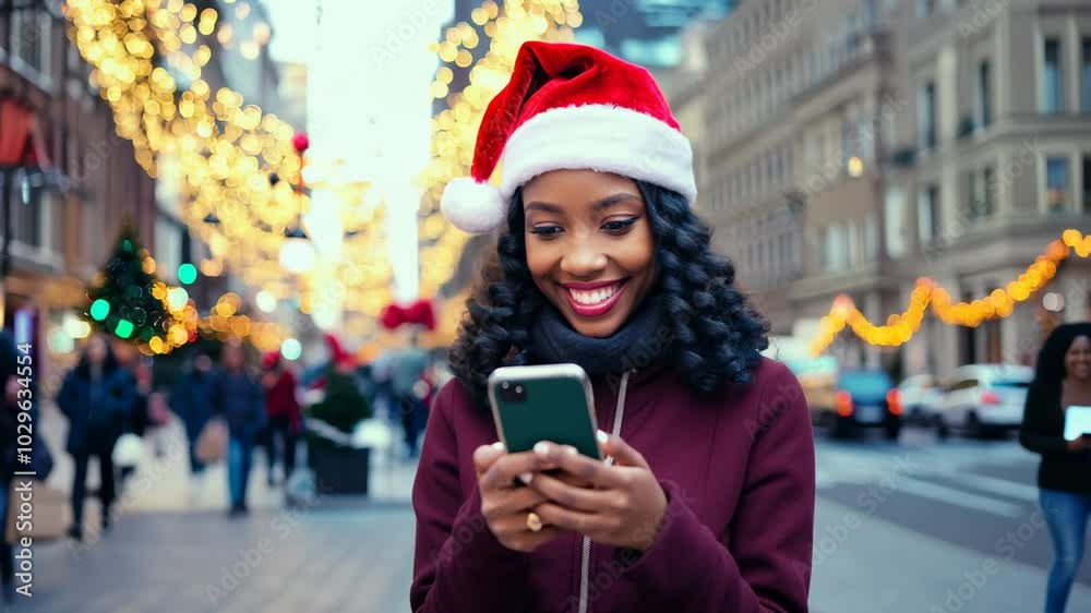 Young smiley African American woman with smartphone on the Christmas decorated street. Engaging with friends, she wishes everyone a Merry Christmas with her phone. Young smiley African American woman with smartphone on the Christmas decorated street. Engaging with friends, she wishes everyone a Merry Christmas with her phone.