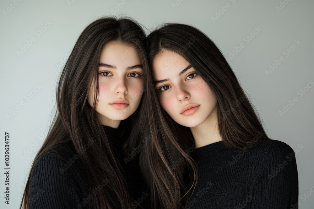 Two young women with long dark hair in black clothing standing together, looking at the camera
Two young women with long dark hair in black clothing standing together, looking at the camera
