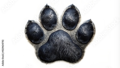 A striking black dog paw print displayed on a pure white background, showcasing the beauty and uniqueness of pet photography for passionate animal lovers.
