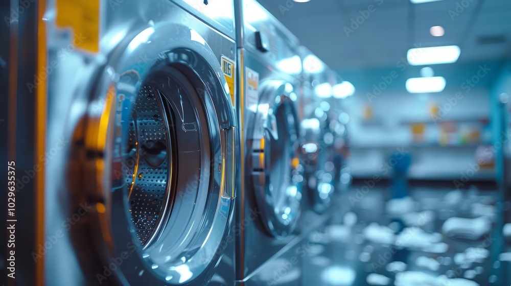 A range of washers and dryers in a commercial laundry room with foam on the floor A range of washers and dryers in a commercial laundry room with foam on the floor