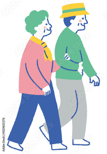 Old couple strolling arm in arm_Color