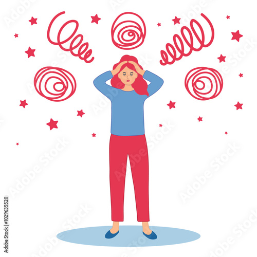 The woman is holding her head. Dizzy with worries and problems. Asterisks, spirals, spinning. Vector illustration isolated on white background.