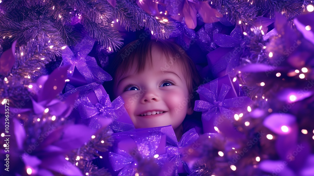 A joyful child surrounded by purple decorations and twinkling lights during a festive holiday celebration A joyful child surrounded by purple decorations and twinkling lights during a festive holiday celebration