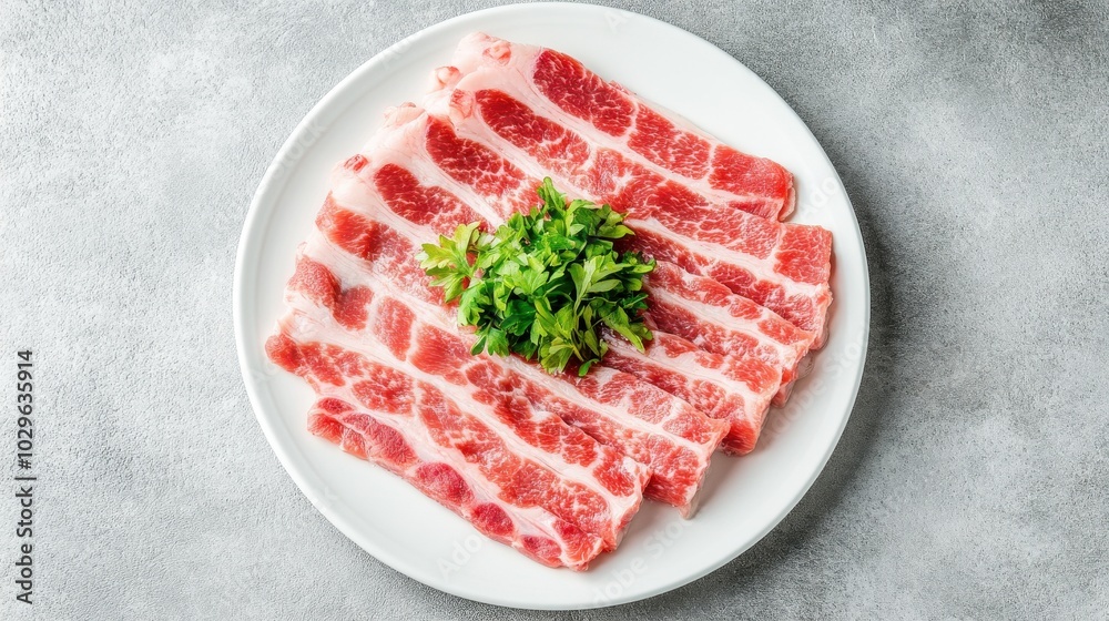 Slices of marbled meat arranged on a plate, garnished with fresh herbs. Slices of marbled meat arranged on a plate, garnished with fresh herbs.