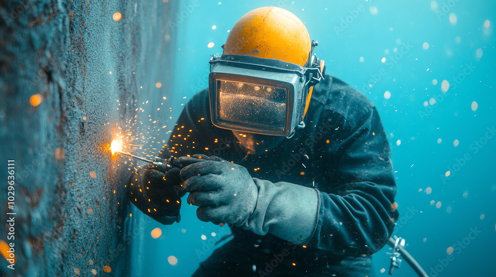 A hard-working diver performs underwater welding, creating sparks while repairing structures A hard-working diver performs underwater welding, creating sparks while repairing structures