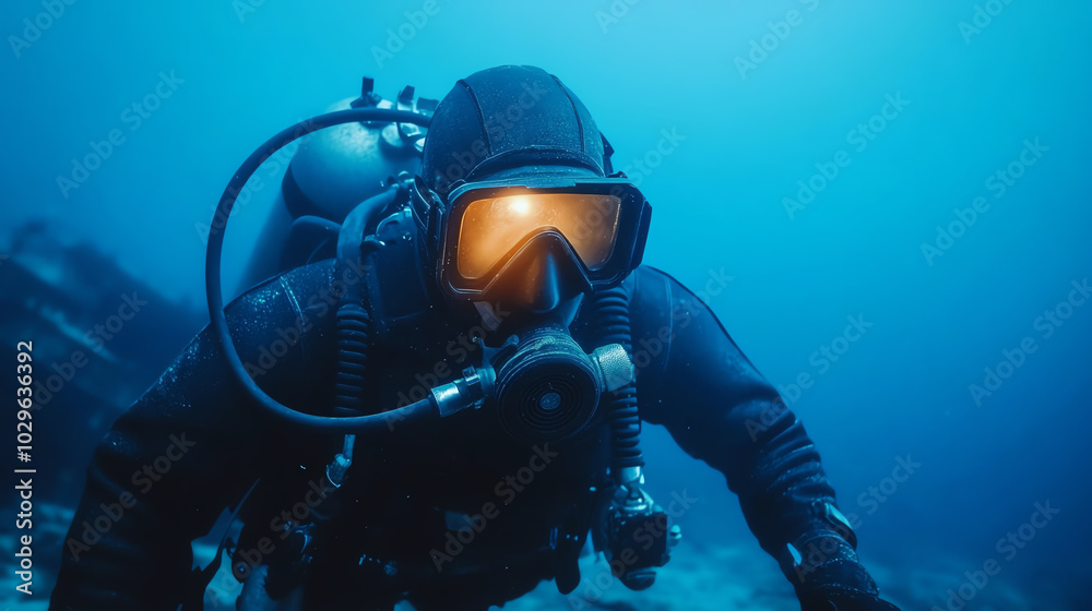 A scuba diver explores the depths of the ocean, showcasing impressive diving gear in a captivating underwater environment filled with blue hues.
