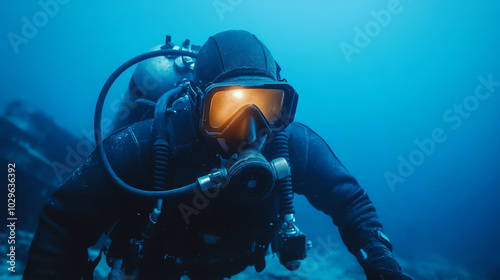 Obraz na płótnie A scuba diver explores the depths of the ocean, showcasing impressive diving gear in a captivating underwater environment filled with blue hues. w salonie