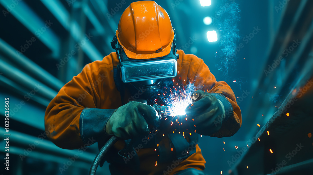 A skilled welder wearing protective gear works diligently to complete a metal fabrication project, surrounded by glowing sparks in a modern industrial environment. A skilled welder wearing protective gear works diligently to complete a metal fabrication project, surrounded by glowing sparks in a modern industrial environment.