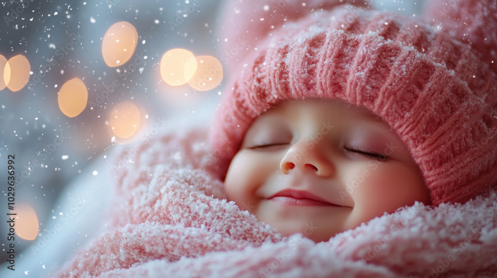 joyful baby wrapped in cozy pink blanket and hat, smiling peacefully against snowy background with soft bokeh lights. scene radiates warmth and happiness. joyful baby wrapped in cozy pink blanket and hat, smiling peacefully against snowy background with soft bokeh lights. scene radiates warmth and happiness.