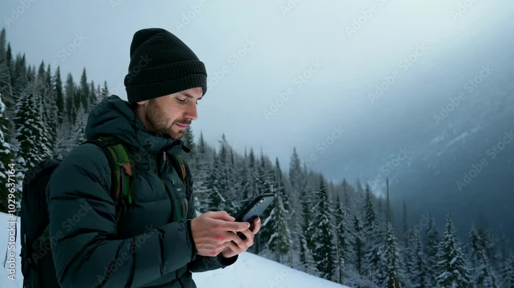 Serious Caucasian male hiker in a winter mountain forest with smartphone looking for her geolocation. He stands still, analyzing his smartphone for the best hiking route. Serious Caucasian male hiker in a winter mountain forest with smartphone looking for her geolocation. He stands still, analyzing his smartphone for the best hiking route.