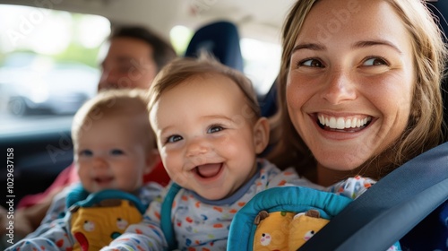 A mother enjoys a joyful moment with her smiling twin babies secured in their car seats, epitomizing familial love and the joy of parenting on a bright day.