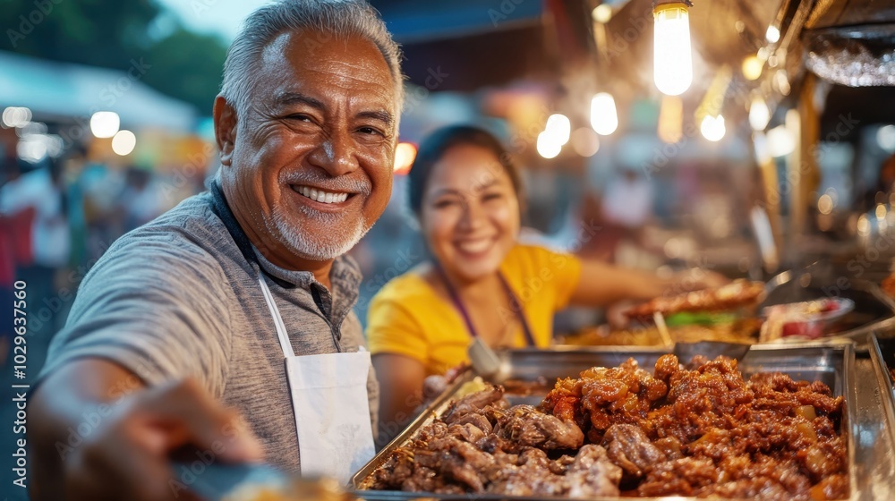 Older food vendors serve delicious dishes at a lively night market, expressing happiness and energy, their warmth enhancing the vibrant culinary atmosphere.