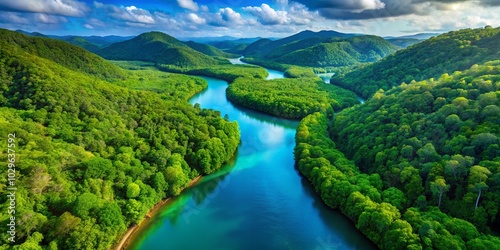 Awe-inspiring aerial depiction of Rivière Meraude, embraced by lush vegetation and sparkling clear waters, showcasing a tranquil and captivating natural landscape. photo