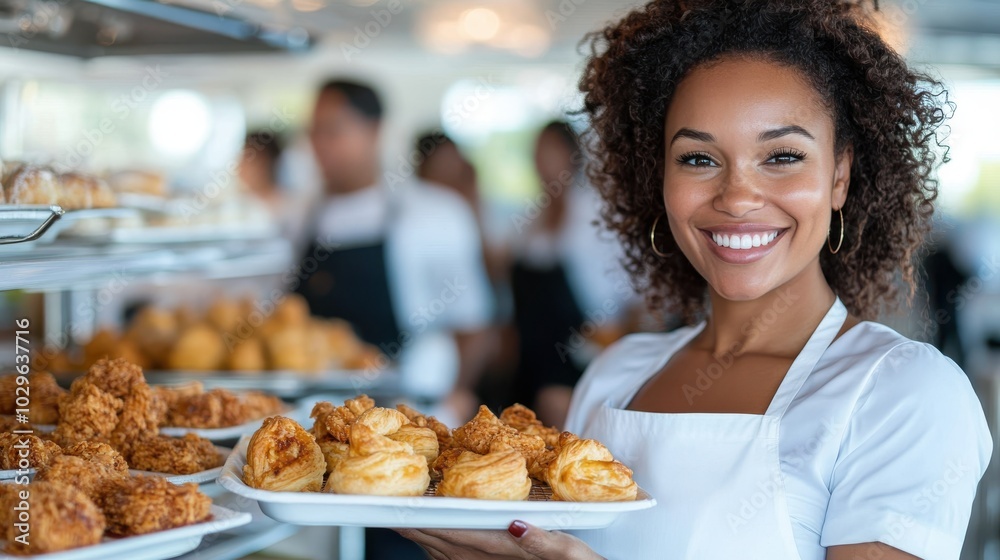 A cheerful baker showcasing freshly baked pastries in a bustling bakery setting, perfect for a culinary and hospitality theme with vibrant positivity. A cheerful baker showcasing freshly baked pastries in a bustling bakery setting, perfect for a culinary and hospitality theme with vibrant positivity.