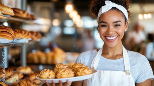 A joyful baker offers a tray of pastries with a warm smile in a bakery setting, surrounded by an assortment of baked goods and a lively, engaging atmosphere.