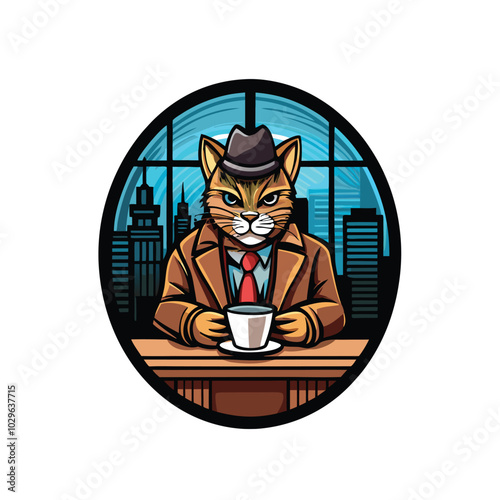 A cartoon cat detective wearing a fedora and trench coat sits at a desk, holding a coffee cup, in front of a cityscape window.