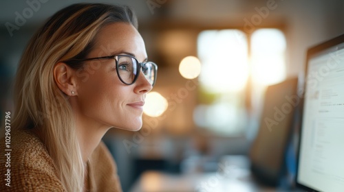 A focused professional woman with glasses engages deeply with her computer work, highlighting concentration and dedication in a modern office environment.