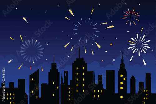 A simple illustration of a city skyline at midnight with fireworks bursting in the sky.