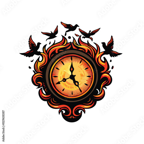 A melting clock with fire surrounding it and a flock of birds flying around it.