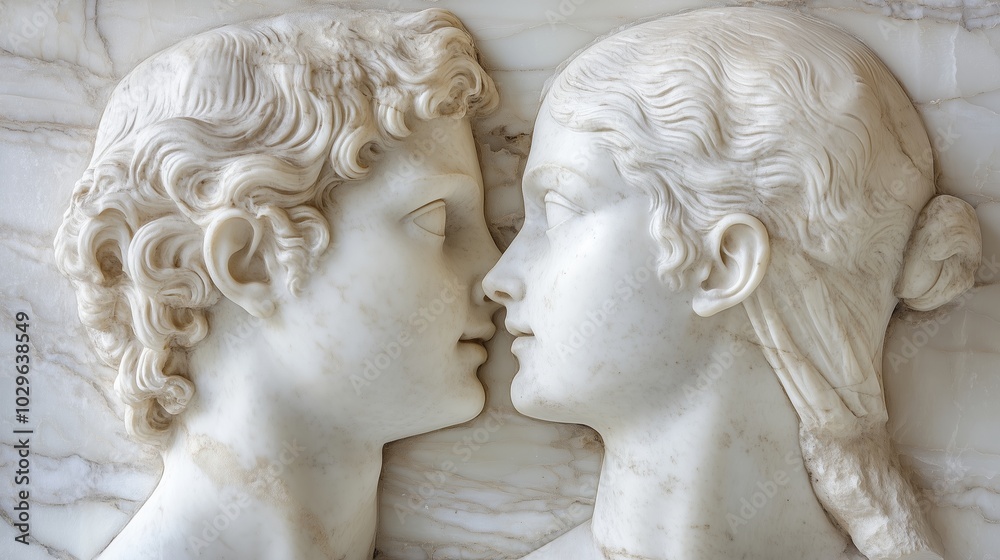 Elegant marble sculpture of two young lovers in a close embrace, highlighting intricate details and expressions, located in an art gallery Elegant marble sculpture of two young lovers in a close embrace, highlighting intricate details and expressions, located in an art gallery